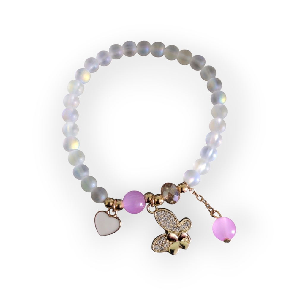 White and Gray Beaded Bracelet with Butterfly Charm